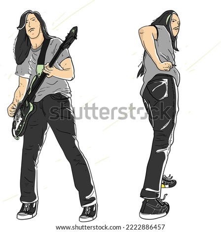 Guitarist Flat people line art design cute blink long hair hype beast cool guy happy smile illustration