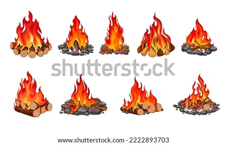 Bonfire set, burning wooden logs and hot flames vector illustration. Cartoon isolated firewood, flammable coals burn in fire of summer forest or beach campfire or fireplace, red light of night camp Royalty-Free Stock Photo #2222893703