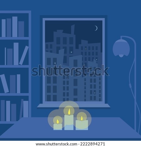 Night city blackout, vector illustration. Power outage.View from an apartment with candles on a dark city. Cityscape with moon and skyscraper building silhouettes without electricity.  Dark City. Royalty-Free Stock Photo #2222894271