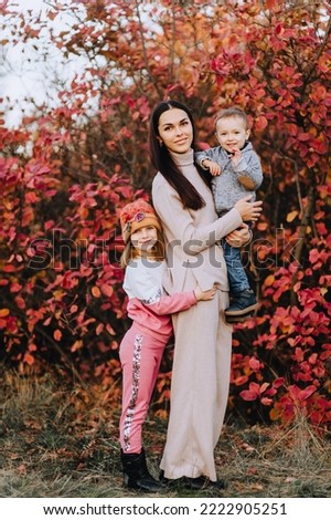Photography, a portrait of a beautiful brunette girl with a small child, a boy, a son, and a smiling girl, a daughter, in nature in autumn, against the backdrop of a tree, bushes with red leaves.