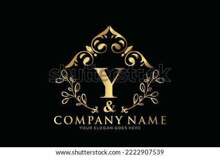 Y Beauty vector initial logo, Golden floral letters with flowers leaves and gold splatters isolated on white background. Vector illustration for wedding, greeting cards, invitations template design