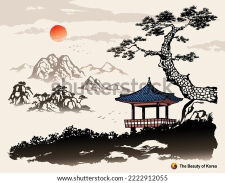 Beautiful Korea, nature landscape with sunrise and hanok, ink painting, Korean traditional painting vector illustration. Royalty-Free Stock Photo #2222912055
