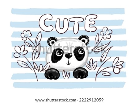Cute Panda Bear boy on blue and slogan, vector cartoon for kids or babies t shirt design. Fashion print graphic