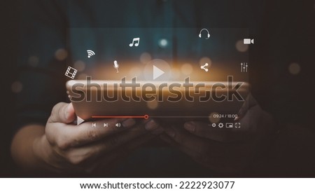 Cyberspace social network internet online digital technology multimedia streaming and listening music or education icon virtual screen concept. Royalty-Free Stock Photo #2222923077