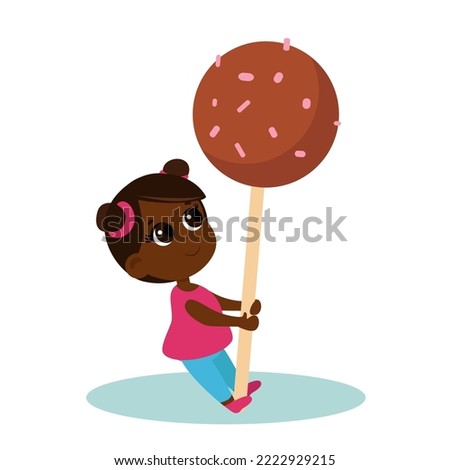 Charming cute girl holding a huge candy pop on a stick in her hands. The child is happy. Vector cartoon illustration isolated on white background.