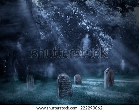 Old Scary Graveyard with flying ghosts