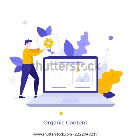 Person putting picture or image on laptop computer screen. Concept of organic content, making free or unpaid post on social media, promotional marketing strategy. Flat vector illustration for banner.