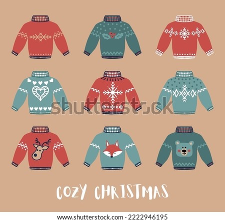 Set of traditional ugly Christmas sweaters. Funny holiday clothes with different cute prints and ornaments. Vector Illustration