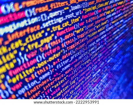 PHP development, software site code. Tensorflow AI concept. Front-end applications in the color concept. Lines of Html code visible. Monitor closeup of function source code