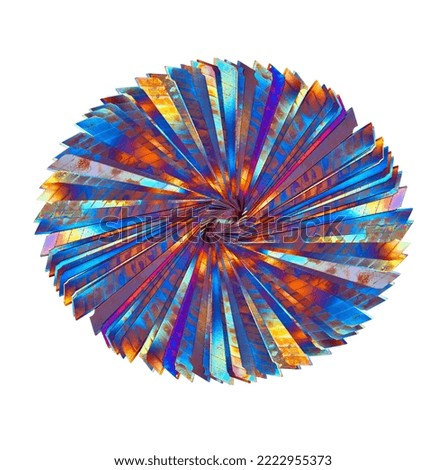 utility knife blades, heated in the fire arranged in the form of the sun on white background, Psychedelic colors