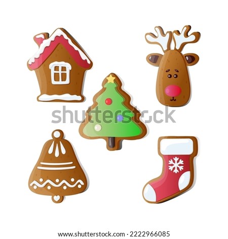 Gingerbread cookies with multi-colored icing. Vector illustration. Set.