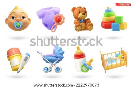 Baby cartoon 3d vector icon set. Child, clothes, bear, toys, medicine, stroller, baby food, cradle Royalty-Free Stock Photo #2222970073