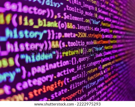 Abstract computer script source code. Front-end applications in the color concept. Computer script coding source code on desktop monitor. Technology concept hex code digital background