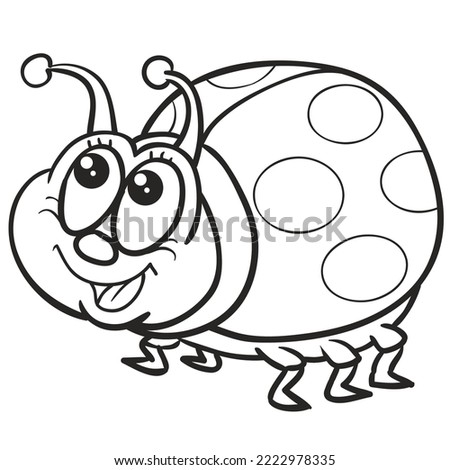 sketch, cute ladybug character looking up curiously, coloring book, cartoon illustration, isolated object on white background, vector, eps