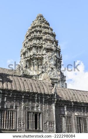 Wall of the Angkor Wat (Temple City), a Buddhist temple complex in Cambodia and the largest religious monument in the world. View from the garden