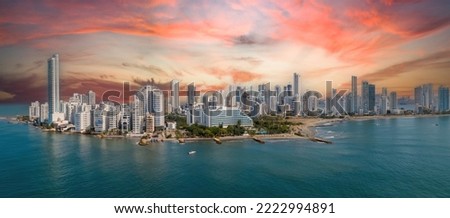 The modern skyscrapers in the Cartagena Colombia Bocagrande district panorama aerial epic sky view Royalty-Free Stock Photo #2222994891