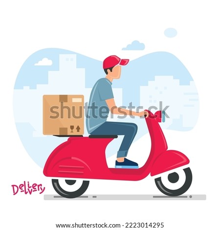 Delivery man riding a red scooter illustration.