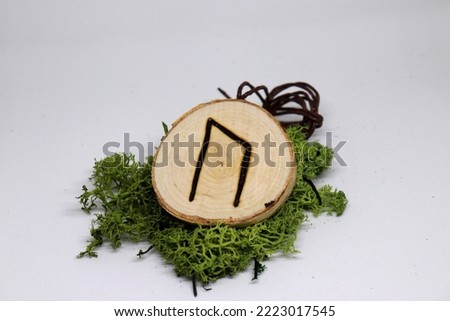Beatiful wooden Uruz rune with moss and white background Royalty-Free Stock Photo #2223017545