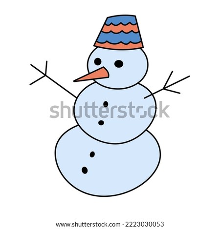 Snowman doodle drawing colored with black outline isolated vector illustration on white. Snow cold weather icon or logo design element. Winter holidays season clip art single object. 