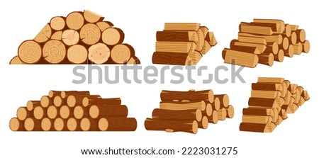 Cartoon firewood piles, wooden logs and stacked bonfire firewoods. Lumber bonfire twigs, wood industry materials vector symbols illustration set. Bonfire wooden logs Royalty-Free Stock Photo #2223031275