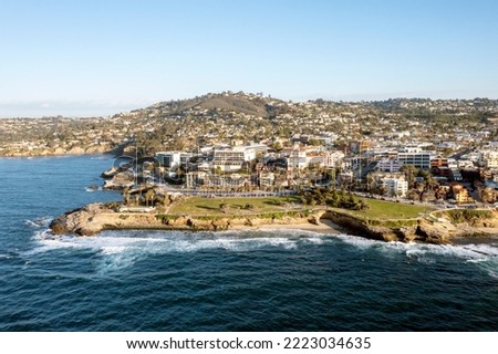 Aerial photo of rocky shoreline of La Jolla Cove near San Diego California