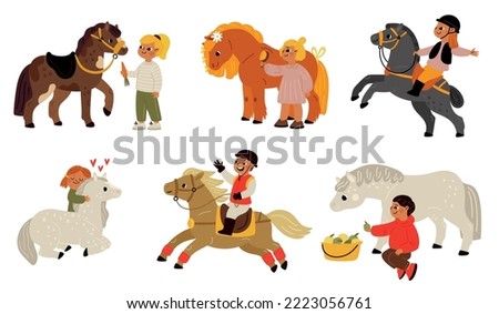 Cartoon kids with horses. Cute children riding pony. Farm animals care. Jockey hugging or feeding pets. Sport horseback racing. Hippodrome equestrian. Stallion dressage Royalty-Free Stock Photo #2223056761