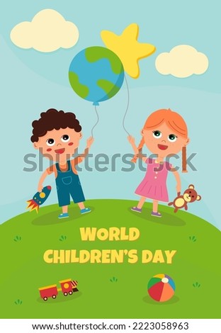 World Children's Day, vector greeting card, children playing in the park	
