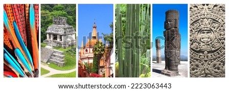 Collection of vertical banners with famous landmarks of Mexico - Archangel church Dome Steeple in San Miguel de Allende, Temples of the Cross Group in Palenque, atlantean in Tula, aztec calendar