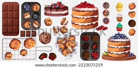 Set of different baking products pastry isolated on white. Vector illustration of cakes,cookies,muffins,chocolate,cupcakes. Bakeries, cafe, shops, dessert, sweets concept.
