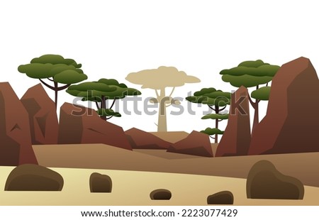 Rocks and desert. African acacia. Trees green foliage. Cartoon fun style. Isolated on white background. Flat design. Vector