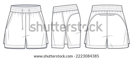 Sport Shorts technical fashion illustration. Sweat Short Pants fashion flat technical drawing template, elastic waist, pockets, front, side and back view, white, women, men, unisex CAD mockup set. Royalty-Free Stock Photo #2223084385