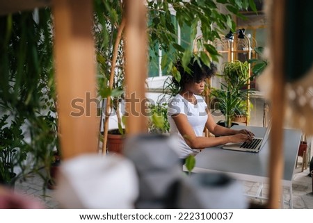 Side view of African-American feamle student focused looking at computer screen making assignment e-learning on laptop, sitting at table in green home office room with modern biophilia design.