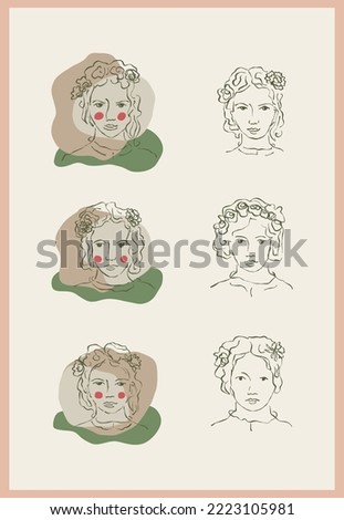 Female portrait with flower collection set of clipart. Framed drawing of cartoon girl in hand drawn scribble style. Facial illustration element. 