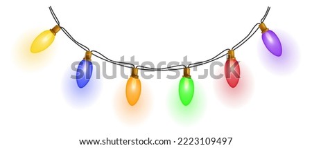 Festive garland. Bright glowing garland of multicolored light bulbs on a white background. Vector illustration. New Year's decor for a Christmas tree or room.