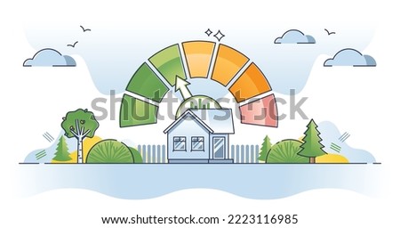 Residential home energy efficiency with level measurement outline diagram. Electricity and heating resource consumption rating from green and sustainable to expensive bills rank vector illustration. Royalty-Free Stock Photo #2223116985