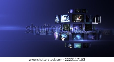 Blogging and streaming concept with many digital life style screens on abstract blue background