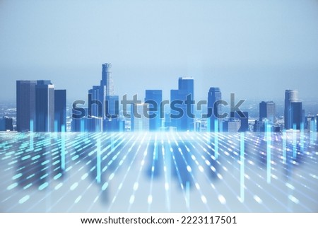 Glowing city skyline with abstract metaverse wallpaper. Digital future and cyberpunk concept. Double exposure