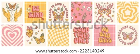 Groovy butterfly, daisy, flower. Hippie 60s 70s posters. Floral romantic backgrounds in trendy cute retro style. Yellow, pink colors. Greeting card, sticker, cover, t-shirt print, party invitation. Royalty-Free Stock Photo #2223140249