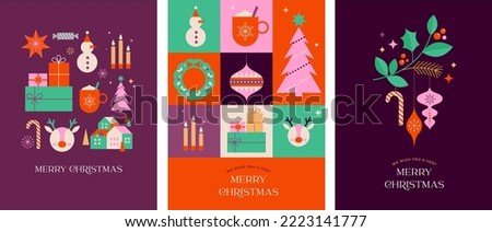 Merry Christmas modern design, holiday gifts, winter elements, candles, Christmas tree, village and Xmas decorations. Colorful vector illustration in flat geometric cartoon style Royalty-Free Stock Photo #2223141777