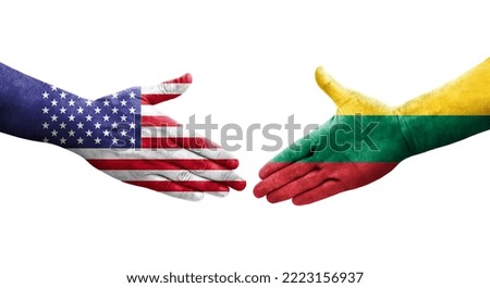Handshake between Lithuania and USA flags painted on hands, isolated transparent image.