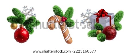 3d render, set of traditional Christmas ornaments and decorations. Winter holiday clip art isolated on white background. Collection of festive arrangements