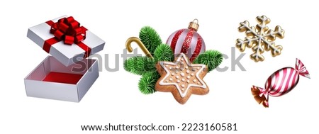 3d render, set of traditional Christmas ornaments and decorations. Winter holiday clip art isolated on white background. Collection of festive arrangements