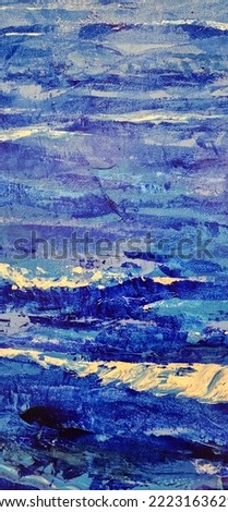 Vibrant and colorful close-up of blue white ocean sea wave oil an oil painting featuring the ocean. This artwork captures the beauty and power of the sea with bold brushstrokes and vivid hues. 