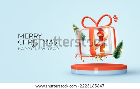 Merry Christmas and Happy New Year. Cylindrical podium for promotion. Round stage for presentation sale product. Stage pedestal or platform with clear glass and ice candy gift box. Vector illustration