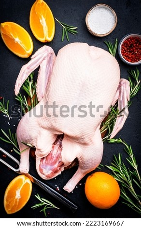Raw whole duck with orange, pepper and rosemary. Ready to bake for a festive dinner. Black table background. Top view. Copy space