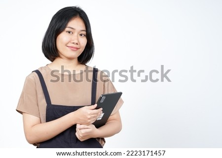 Holding and Using Tablet of Beautiful Asian Woman Isolated On White Background