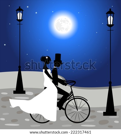 Wedding couple ride a bicycle and full moon