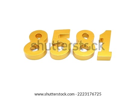   Number 8581 is made of gold-painted teak, 1 centimeter thick, placed on a white background to visualize it in 3D.                                 
