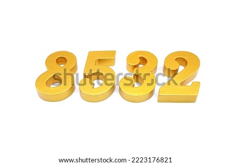  Number 8532 is made of gold-painted teak, 1 centimeter thick, placed on a white background to visualize it in 3D.                                 