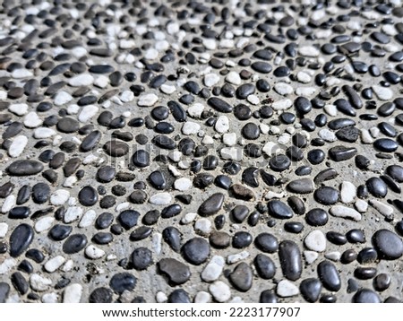 A floor made of pebbles in black and white is in a garden